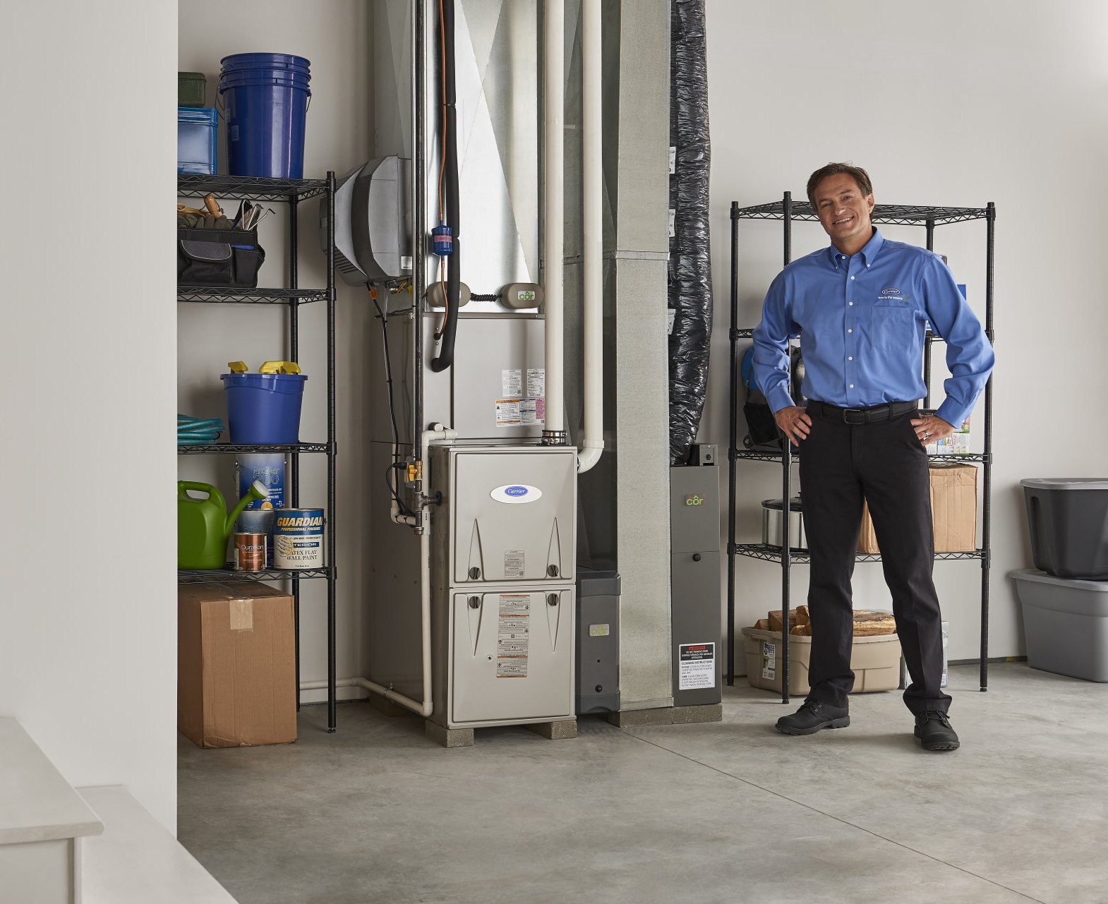 Furnace equipment in a residential basement